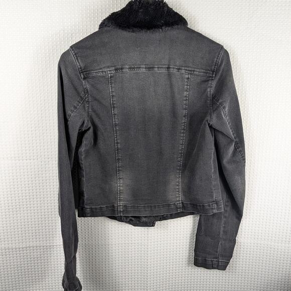 Jessica Simpson XS Black Faux Fur Collar Denim Moto Jacket Women’s Y2K Style - Picture 2 of 5